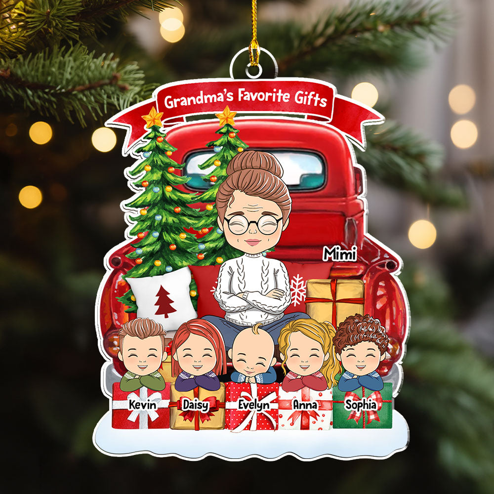 Grandma And Grandkids On Red Truck (Version 7-12 Kids) - Personalized Acrylic Ornament
