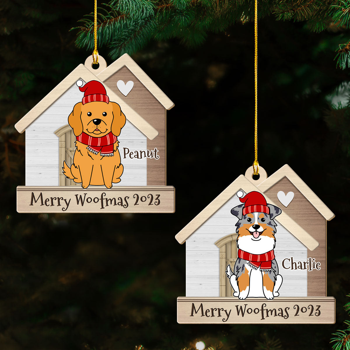 Dog With Happy House - Personalized 1-layered Wood Ornament