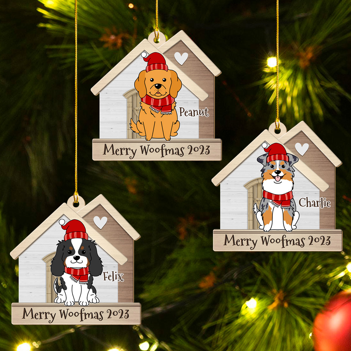 Dog With Happy House - Personalized 1-layered Wood Ornament