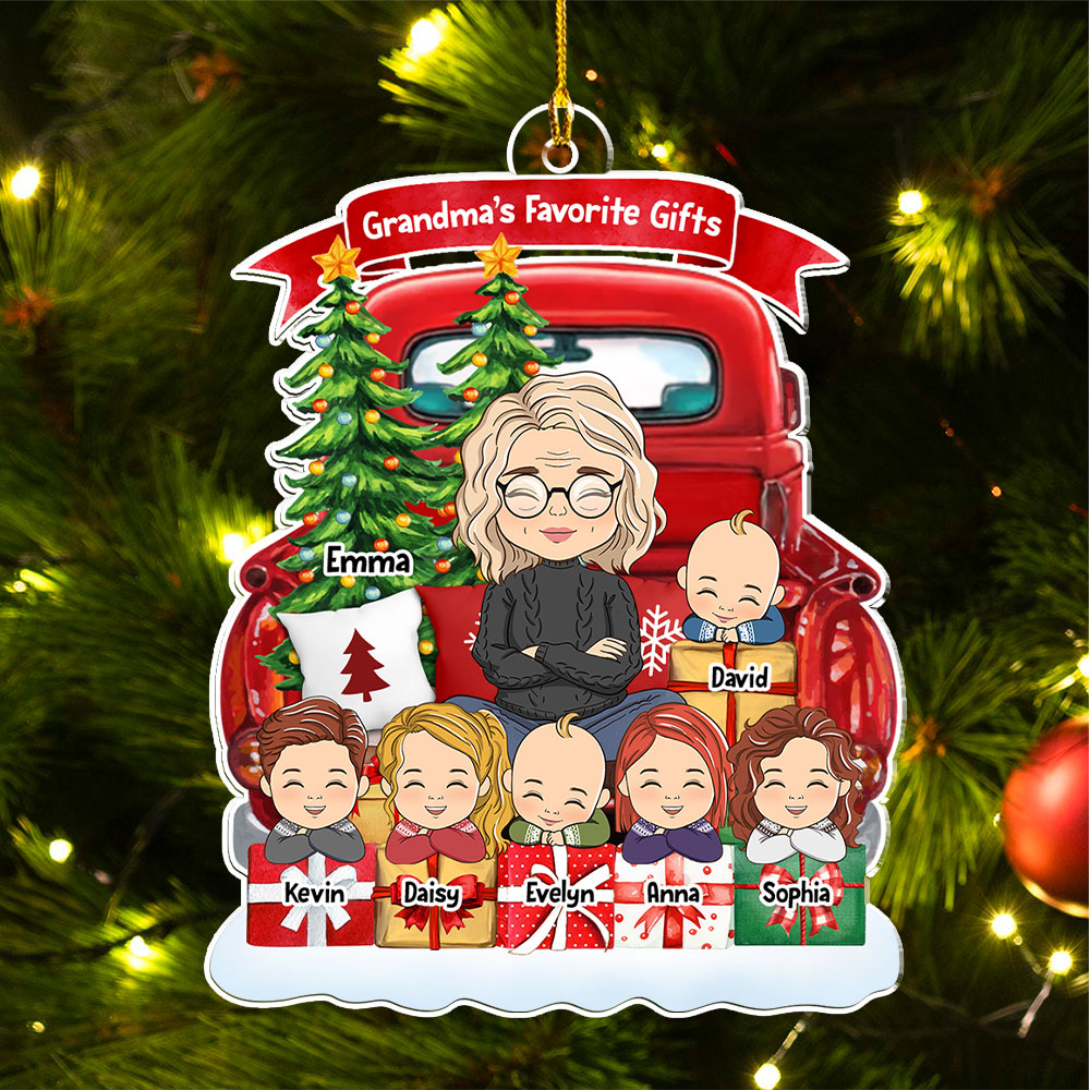 Grandma And Grandkids On Red Truck (Version 7-12 Kids) - Personalized Acrylic Ornament