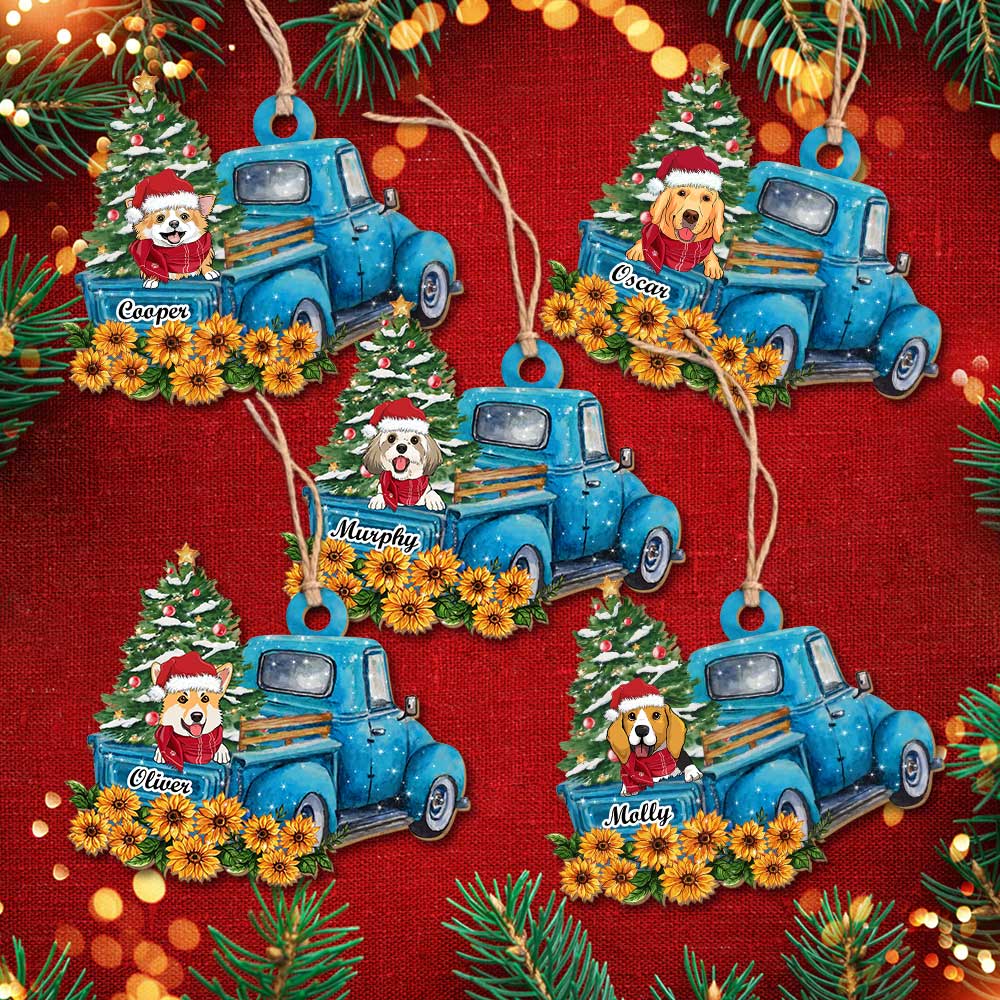 Blue Car Peeking Dog - Personalized 1-layered Wood Ornament