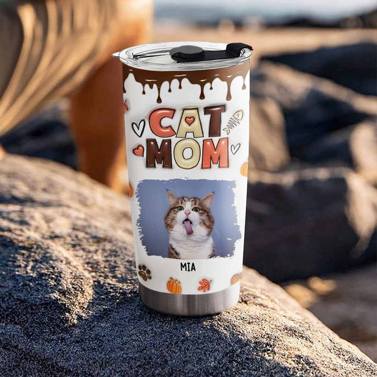 Custom Mother's day Birthday Gifts For Cat Mom, Cat Lovers • Mom Of Cats Fall Season Photo - Personalized 3D Inflated Effect Tumbler