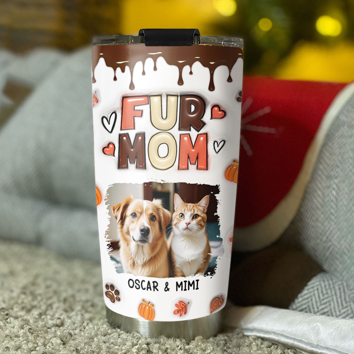 Custom Mother's day Birthday Gifts For Cat Mom, Cat Lovers • Mom Of Pets Fall Season Photo - Personalized 3D Inflated Effect Tumbler