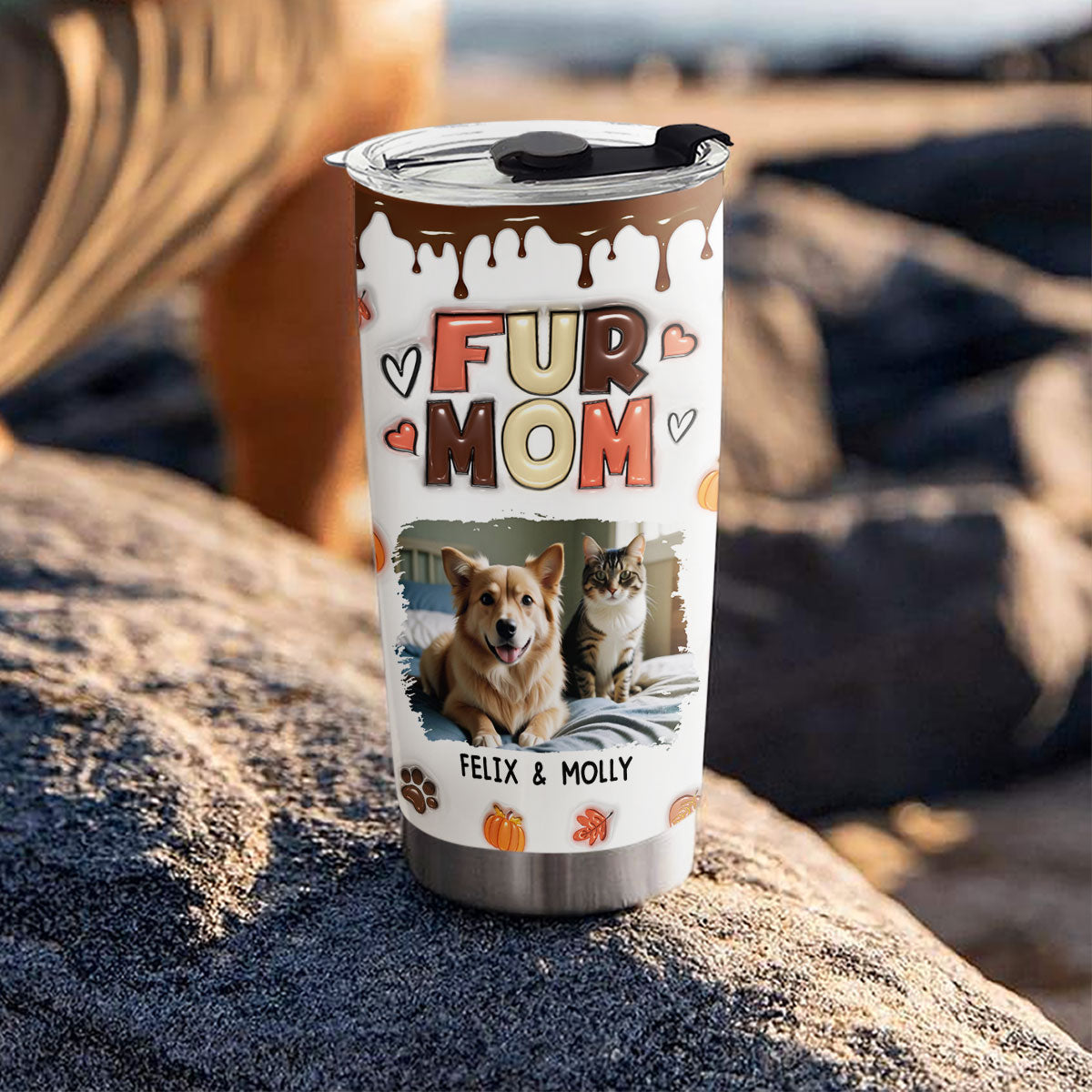 Custom Mother's day Birthday Gifts For Cat Mom, Cat Lovers • Mom Of Pets Fall Season Photo - Personalized 3D Inflated Effect Tumbler