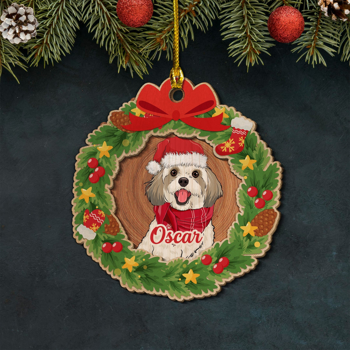 Custom Christmas Decor Home Birthday Gifts For Dog Lovers • Dog Wreath - Personalized 2-layered Wood Ornament