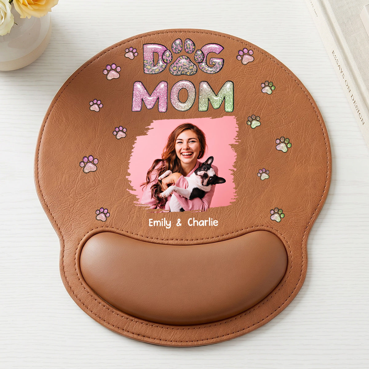 Dog Mom Lovely Chibi Photo - Personalized Leather Mouse Pad