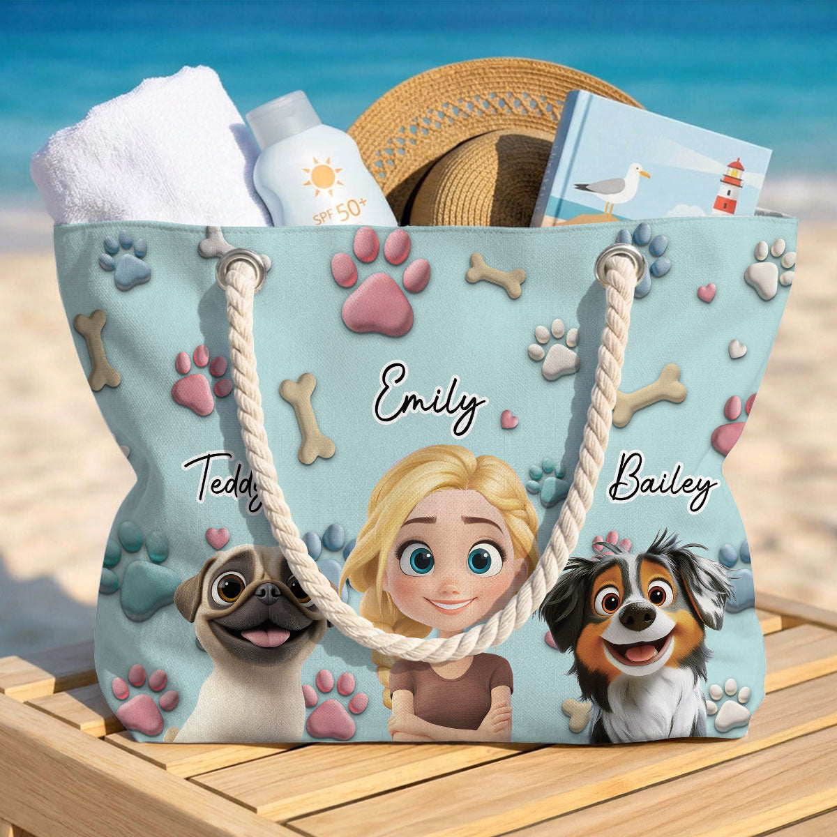 Dog And Human Cartoon - Personalized Beach Bag