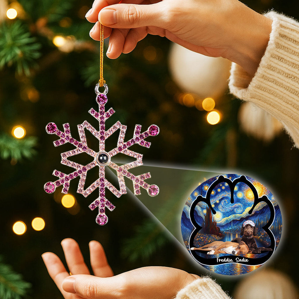 Custom Christmas Memorial Sympathy Gifts For Dogs, Cats • Lay Here With Me - Personalized Photo Snowflake Projection Ornament