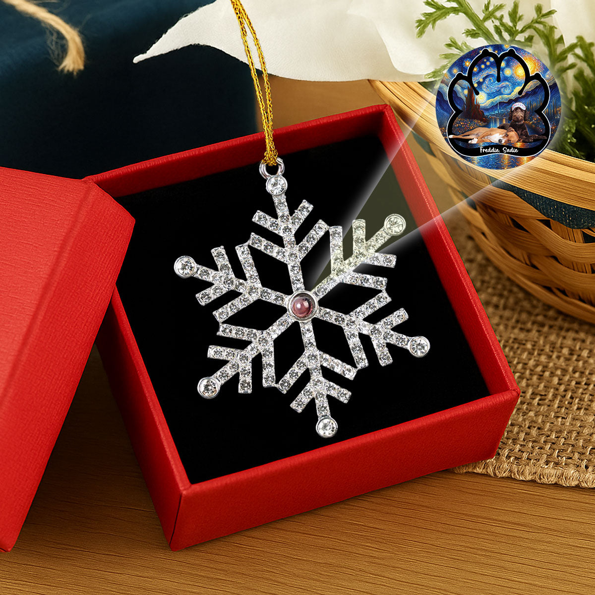 Custom Christmas Memorial Sympathy Gifts For Dogs, Cats • Lay Here With Me - Personalized Photo Snowflake Projection Ornament
