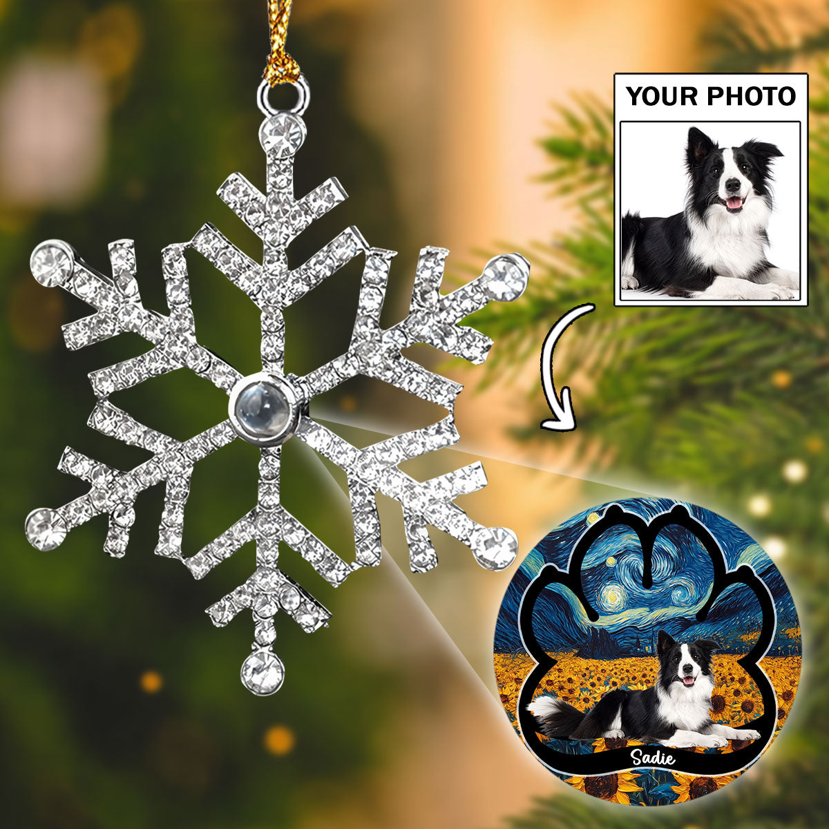 Custom Christmas Memorial Sympathy Gifts For Dogs, Cats • Lay Here With Me - Personalized Photo Snowflake Projection Ornament