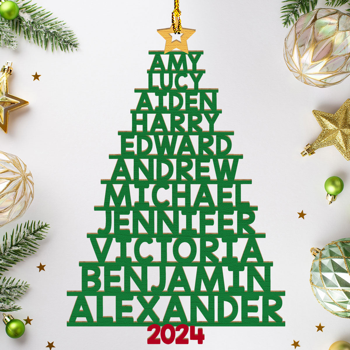 Family Names Christmas Tree (Version 11-14 Names) - Personalized 1-layered Wood Ornament