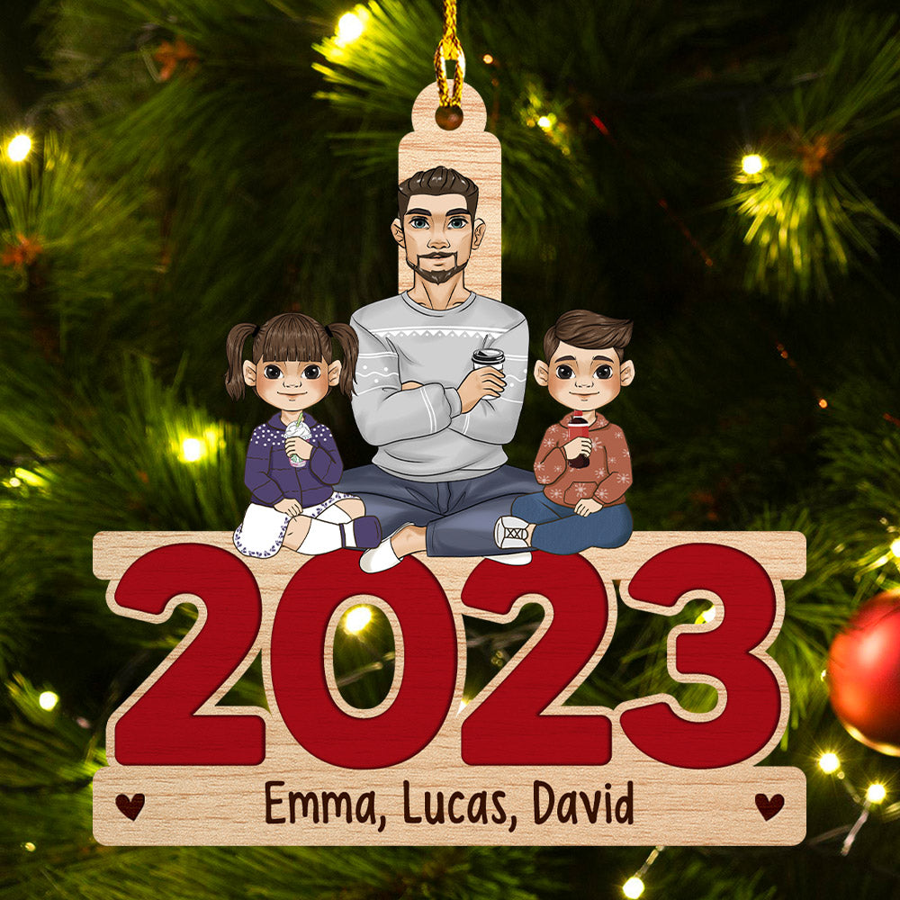 Single Parent & Kids Sitting 2023 - Personalized 1-layered Wood Ornament