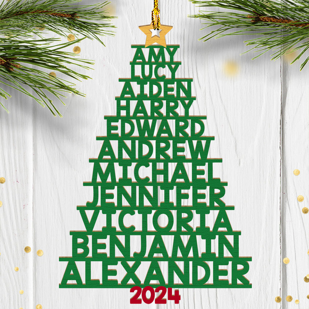 Family Names Christmas Tree (Version 11-14 Names) - Personalized 1-layered Wood Ornament