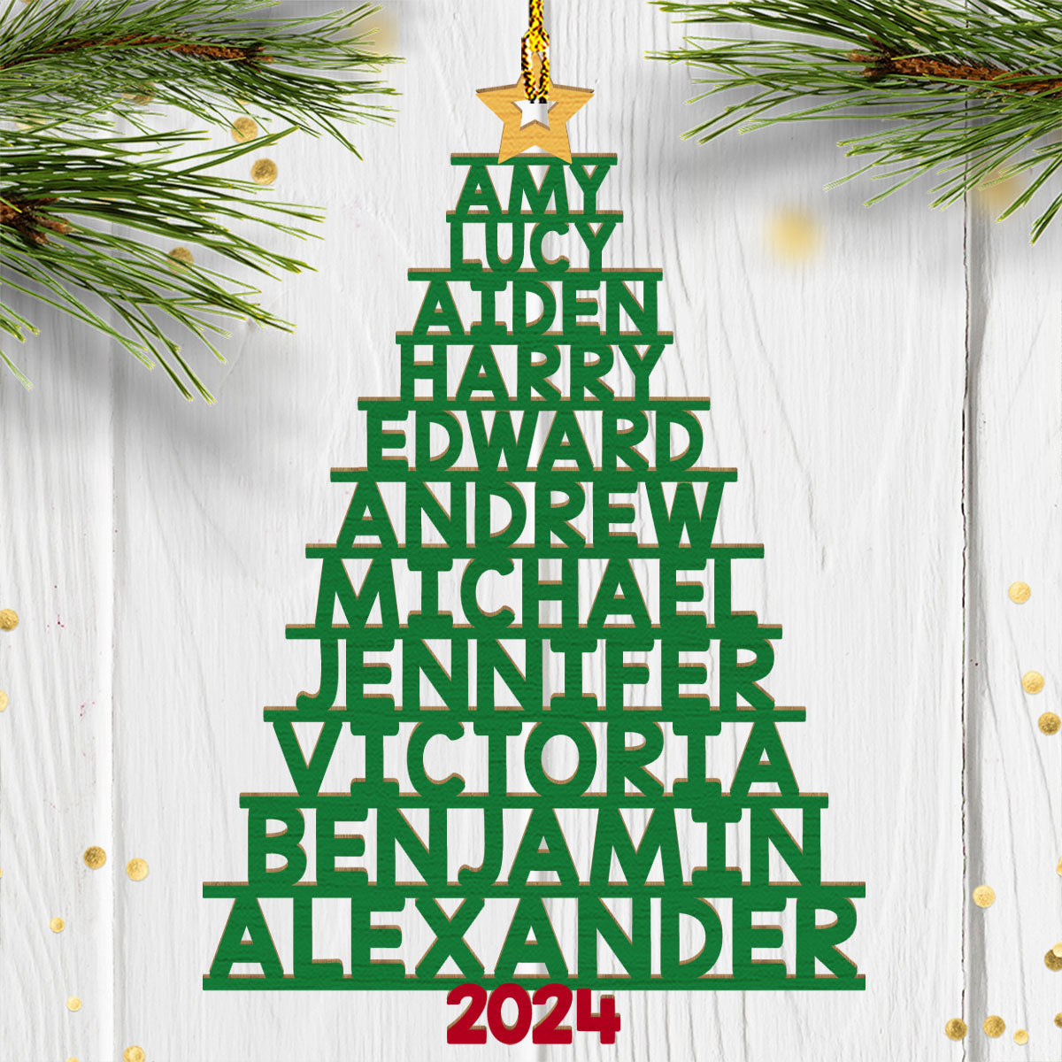 Family Names Christmas Tree (Version 11-14 Names) - Personalized 1-layered Wood Ornament