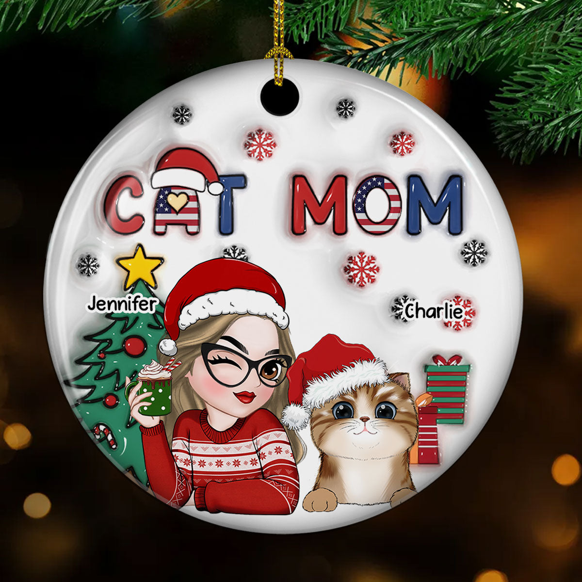 American Cat Mom Christmas - Personalized 3D Inflated Effect Ceramic Ornament