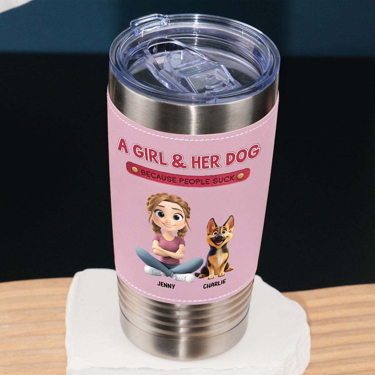 Custom Christmas Birthday Gifts For Dog Mom, Dog Lovers • A Lady And Her Dog - Personalized Pink Leather Tumbler