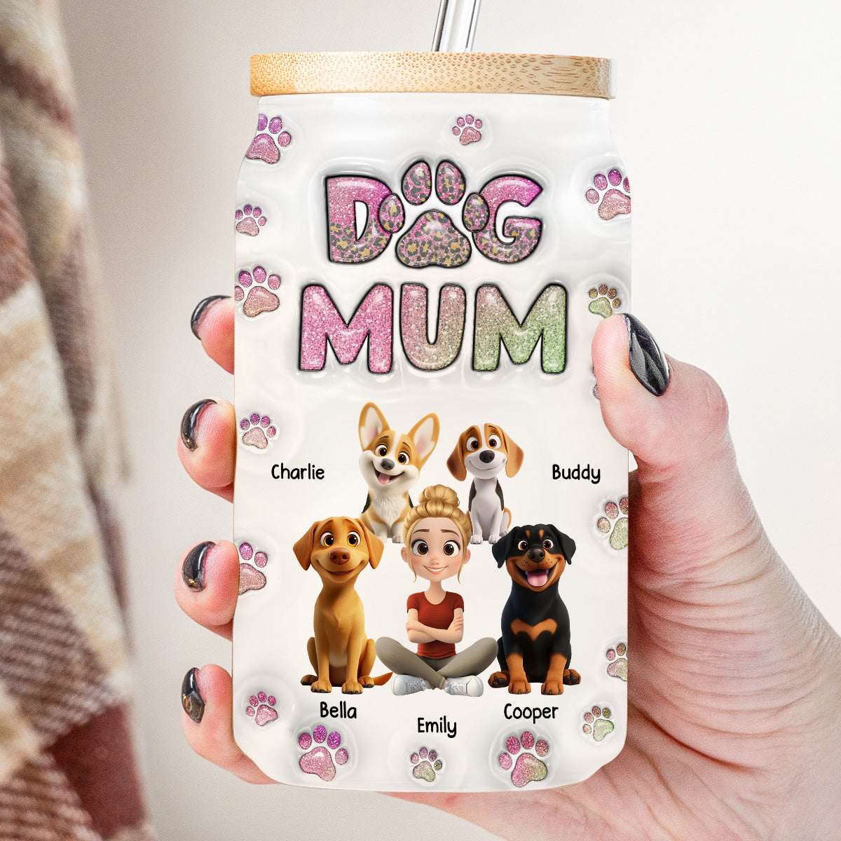 Dog Mom Lovely Chibi - Personalized 3D Inflated Effect Glass Can