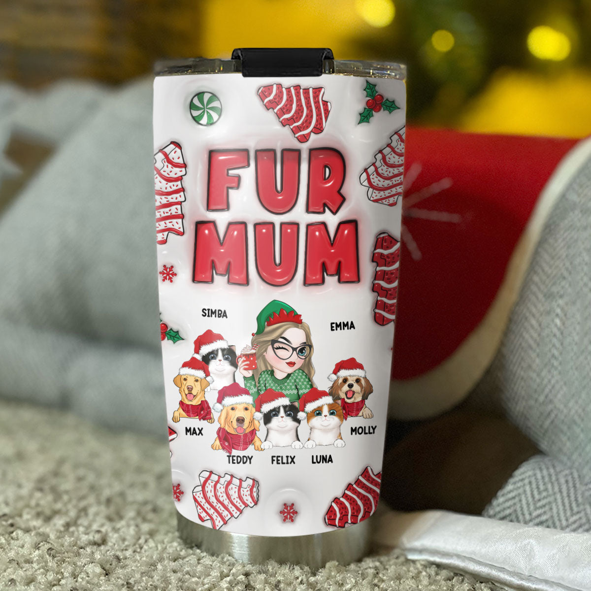 Custom Christmas Birthday Gifts For Pet Lovers • Pet Mom Christmas Cake - Personalized 3D Inflated Effect Tumbler