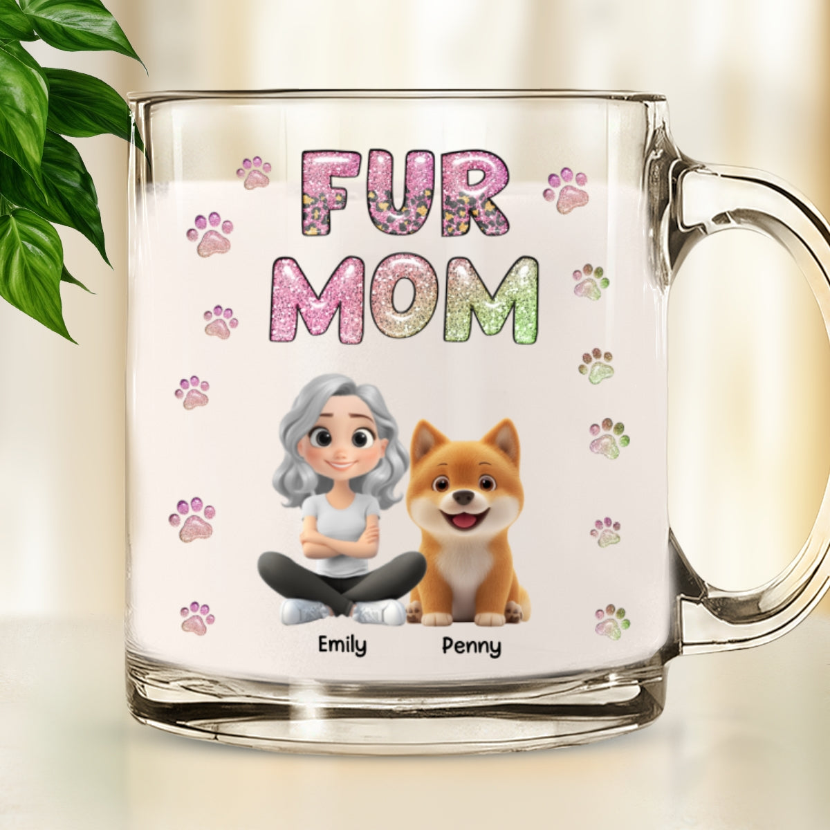 Custom Christmas Birthday Gifts For Dog Mom, Dog Lovers • Fur Mom Lovely Chibi - Personalized 3D Inflated Effect Glass Mug