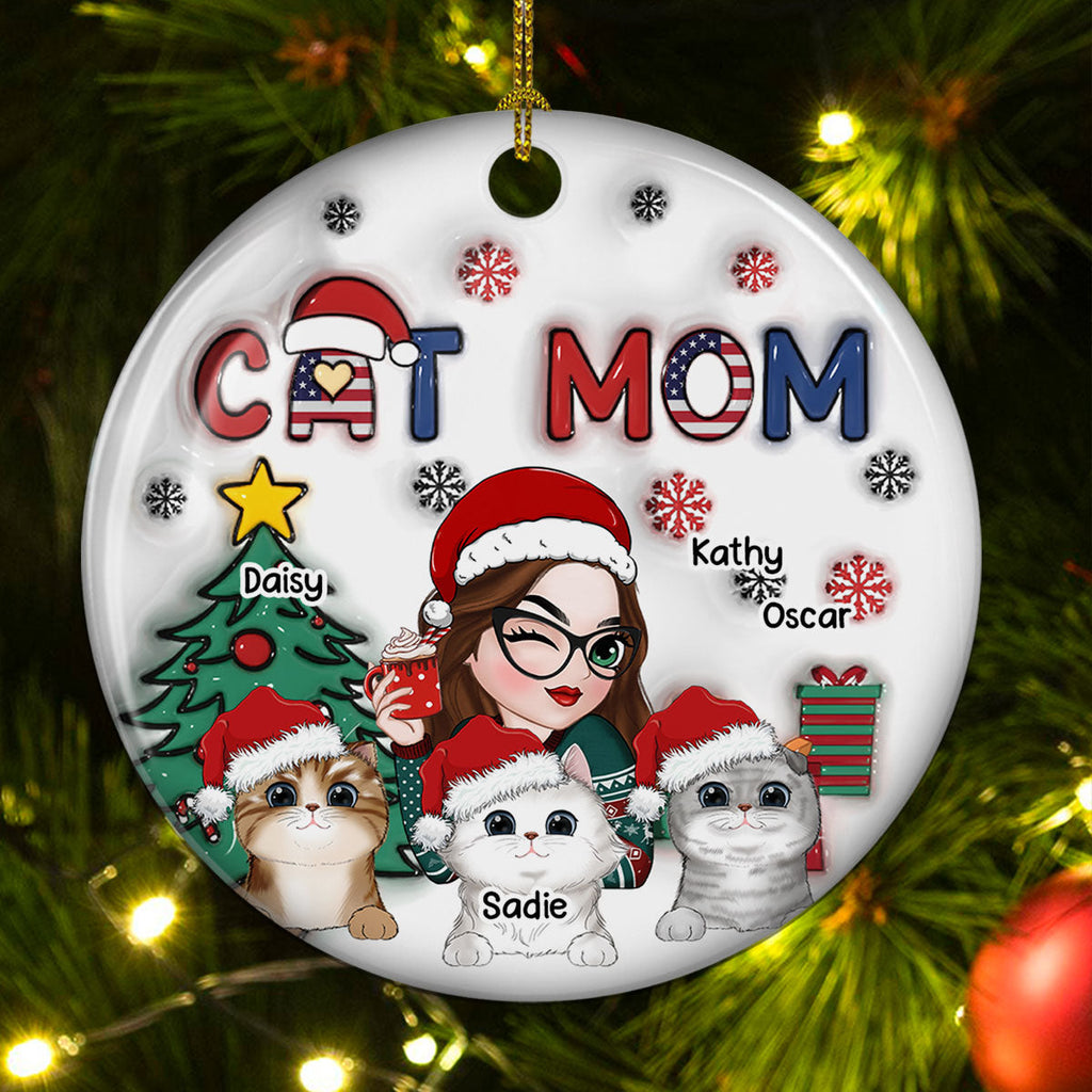 American Cat Mom Christmas - Personalized 3D Inflated Effect Ceramic Ornament