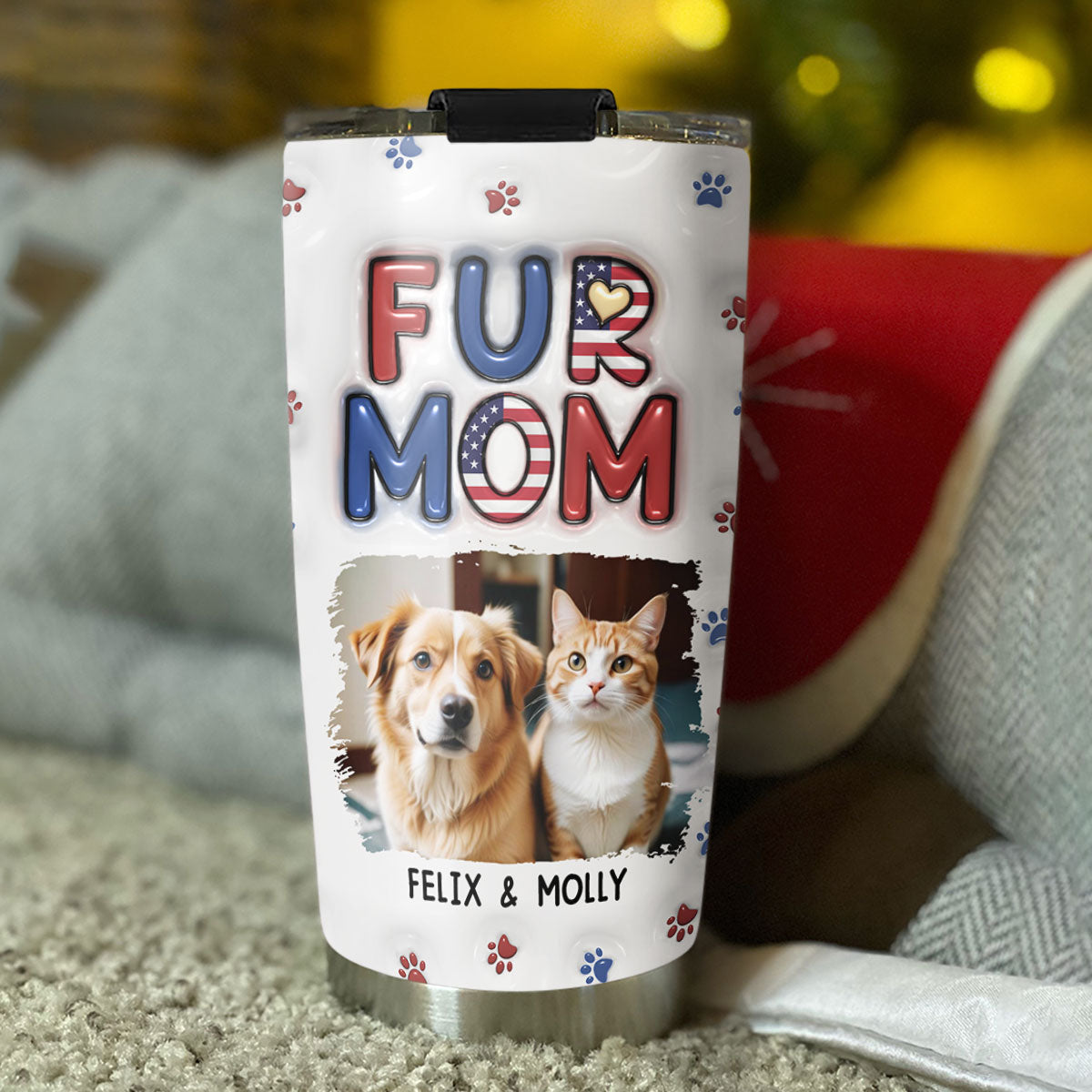 Custom Mother's day Birthday Gifts For Pet Mom, Pet Lovers • Lovely Fur Mom Version 3 Photo - Personalized 3D Inflated Effect Tumbler