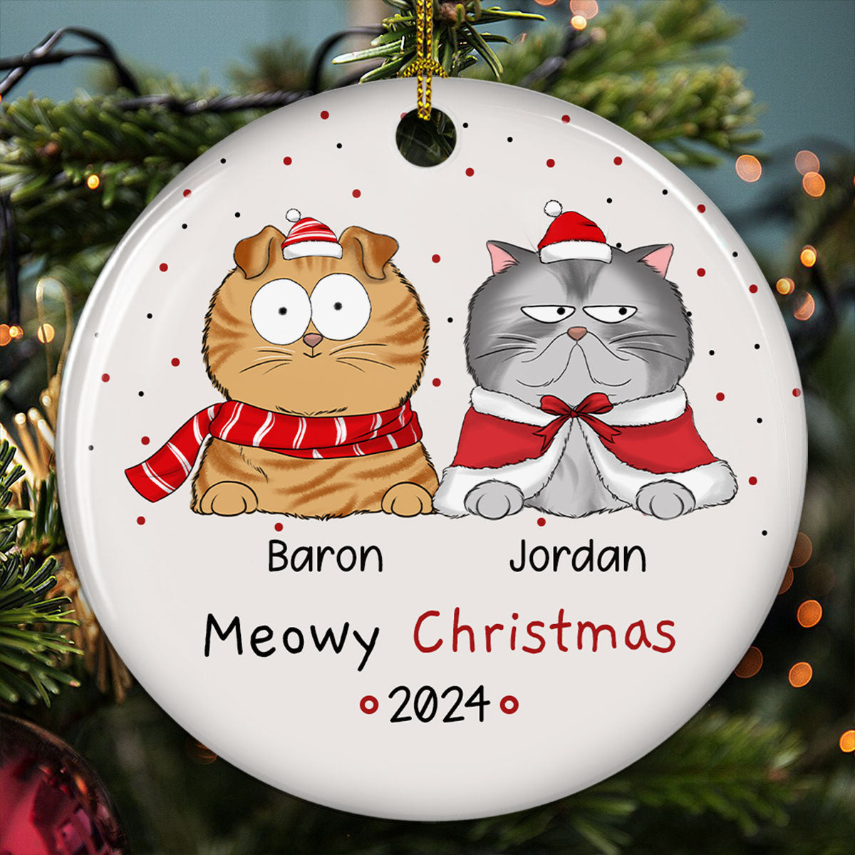 Meowy Christmas - Personalized Circle Ceramic Ornament