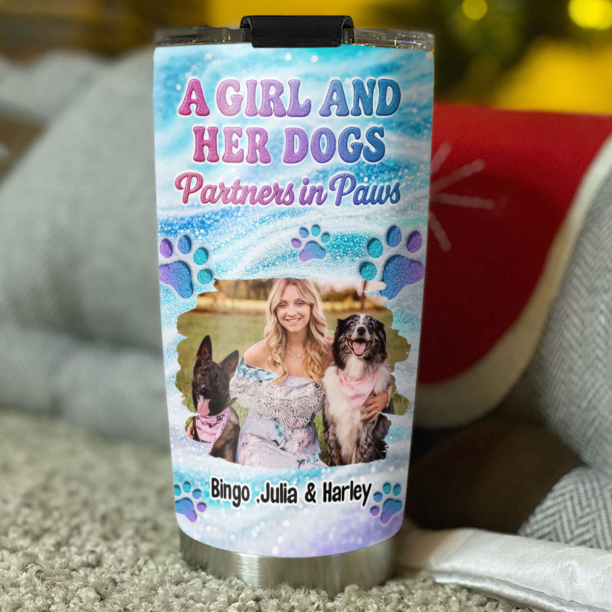 Custom Photo Christmas Birthday Gifts For Dog Mom, Dog Lovers • Purple Blue Photo - Personalized Tumbler