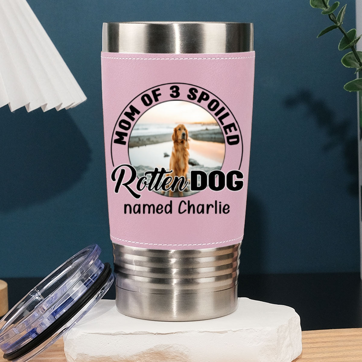Mom Of A Spoiled Rotten Dog Photo - Personalized Pink Leather Tumbler