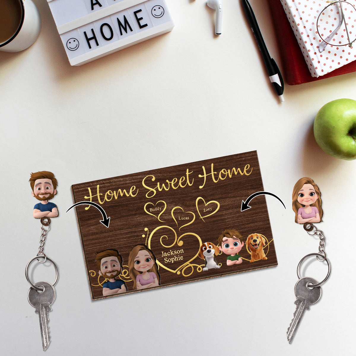 The Heart Is The Key To Home - Personalized Wooden Key Holder With Keychain