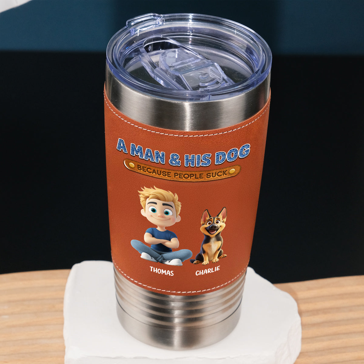 Custom Christmas Birthday Gifts For Dog Dad, Dog Lovers • A Gentleman And His Dog - Personalized Leather Tumbler