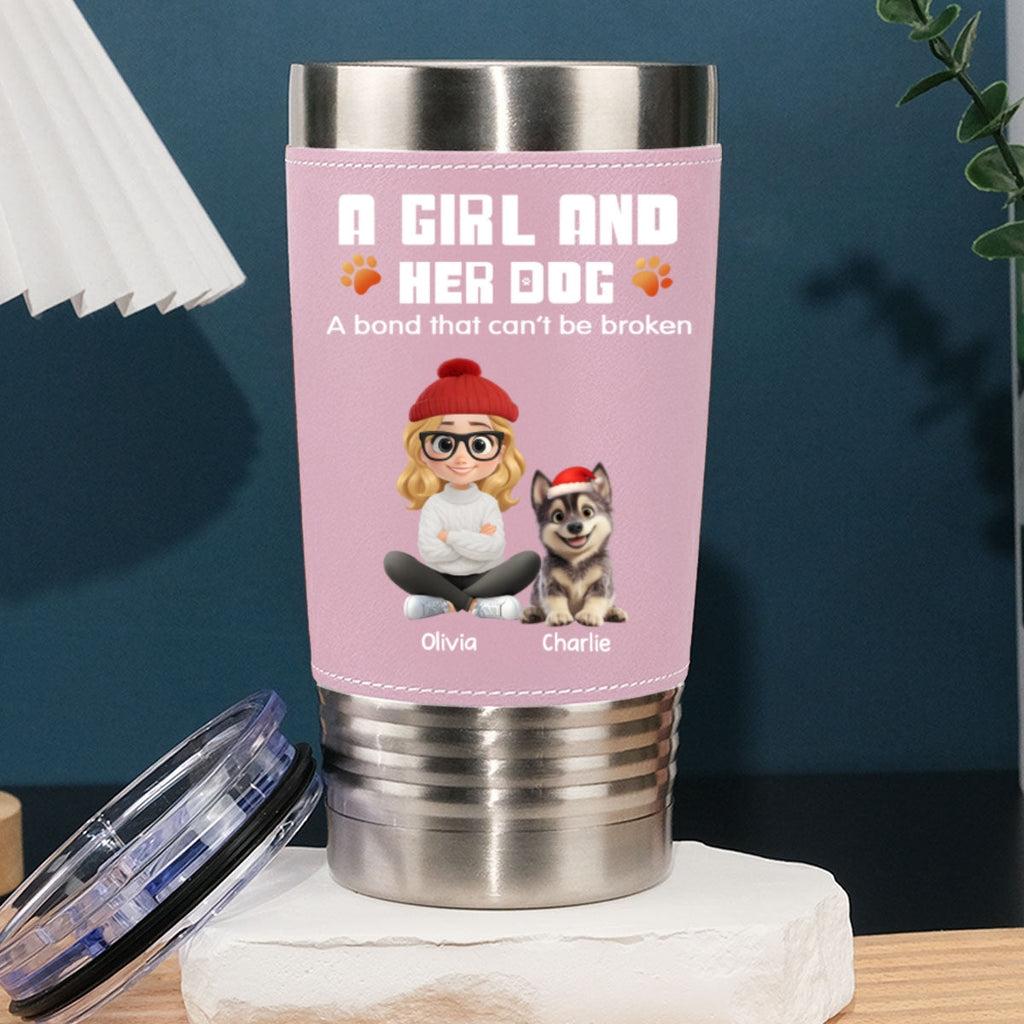 Custom Christmas Birthday Gifts For Dog Mom, Dog Lovers • Human And Their Dog Cartoon Christmas Ver Woman - Personalized Pink Leather Tumbler