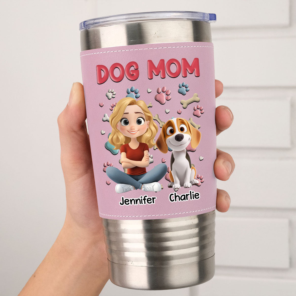 Custom Christmas Birthday Gifts For Dog Lovers • Dog Mom - Personalized Pink Leather Tumbler