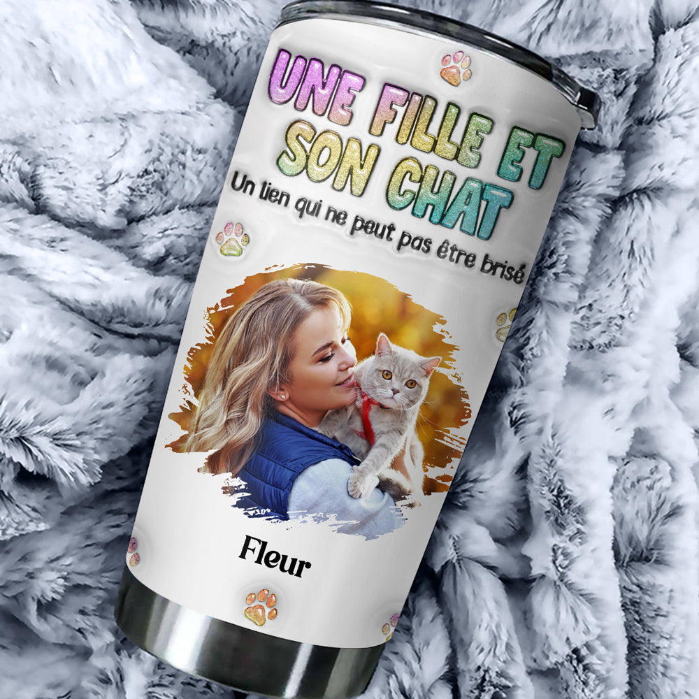 Custom Photo Christmas Birthday Gifts For Cat Mom, Cat Lovers • Foto de una chica y su gato – Vaso térmico personalizado con efecto 3D inflado