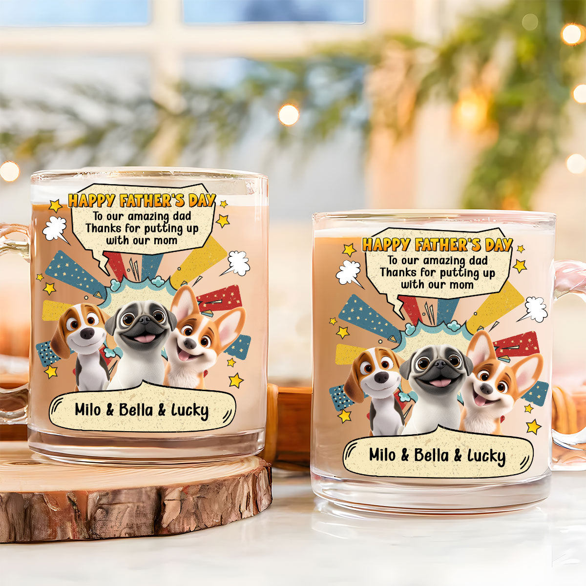 Custom Father's day Birthday Gifts For Dog Dad, Dog Lovers • Thanks For Putting Up With Us Dad - Personalized Glass Mug