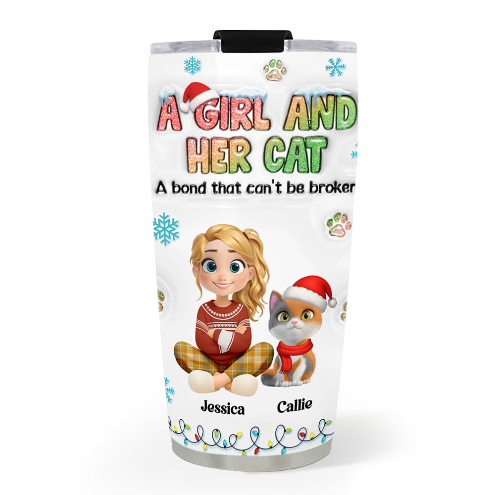 Custom Christmas Birthday Gifts For Cat Mom, Cat Lovers • A Girl And Her Lovely Cat Christmas - Personalized 3D Inflated Effect Tumbler