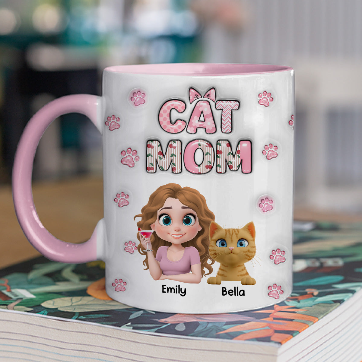 Custom Christmas Birthday Gifts For Cat Mom, Cat Lovers • Cherry On Top Of Cats - Personalized 3D Inflated Effect Accent Mug