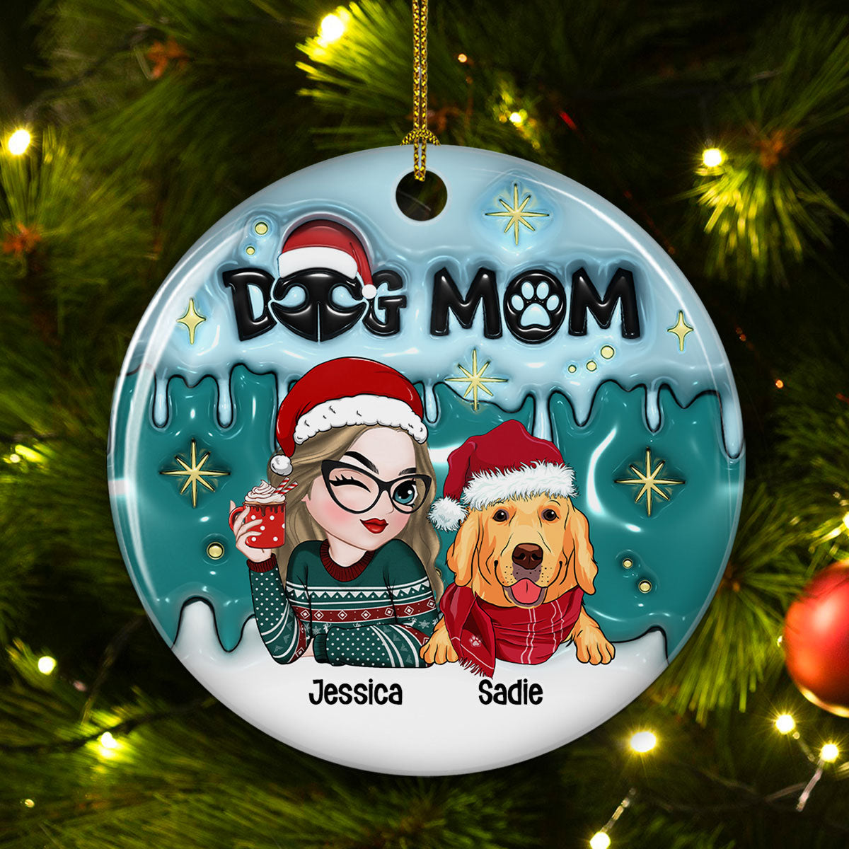 Custom Christmas Decor Home Birthday Gifts For Dog Mom, Dog Lovers • Holiday With Dog Mom - Personalized 3D Inflated Effect Ceramic Ornament