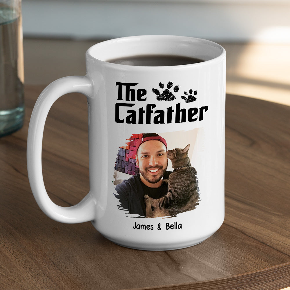 Custom Photo Father's day Birthday Gifts For Cat Dad, Cat Lovers • White Cool Cat Father Photo - Personalized Coffee Mug