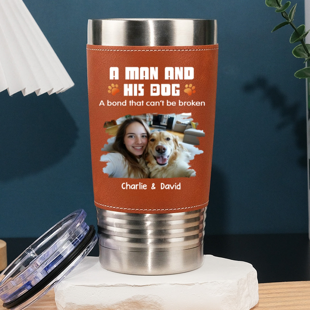 Custom Photo Christmas Birthday Gifts For Dog Lovers • Human And Their Dog Cartoon Christmas Photo - Personalized Leather Tumbler