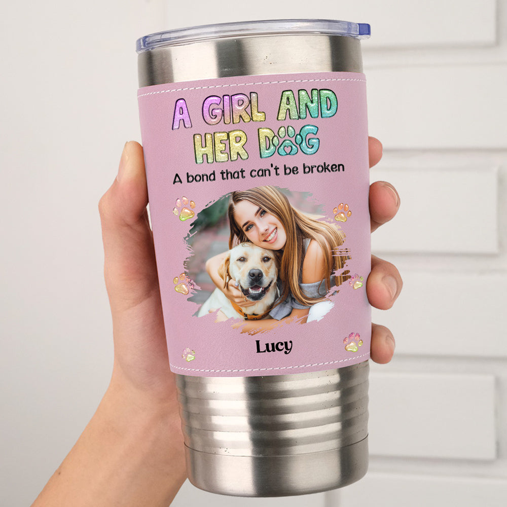 A Girl And Her Lovely Dog Photo - Personalized Pink Leather Tumbler