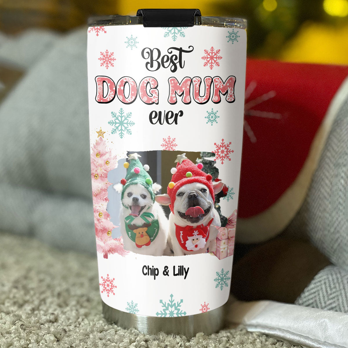 Custom Photo Christmas Birthday Gifts For Dog Mom, Dog Lovers • Cozy Dog Mom In Winter Photo - Personalized Tumbler