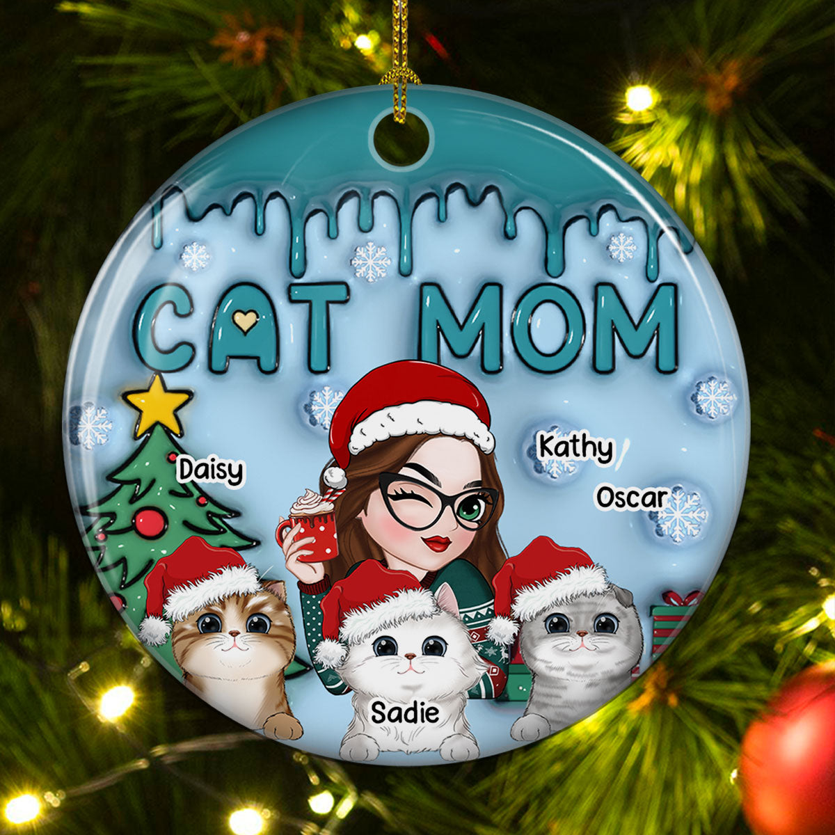 Custom Christmas Decor Home Birthday Gifts For Cat Mom, Cat Lovers • Lovely Cat Mom - Personalized 3D Inflated Effect Ceramic Ornament