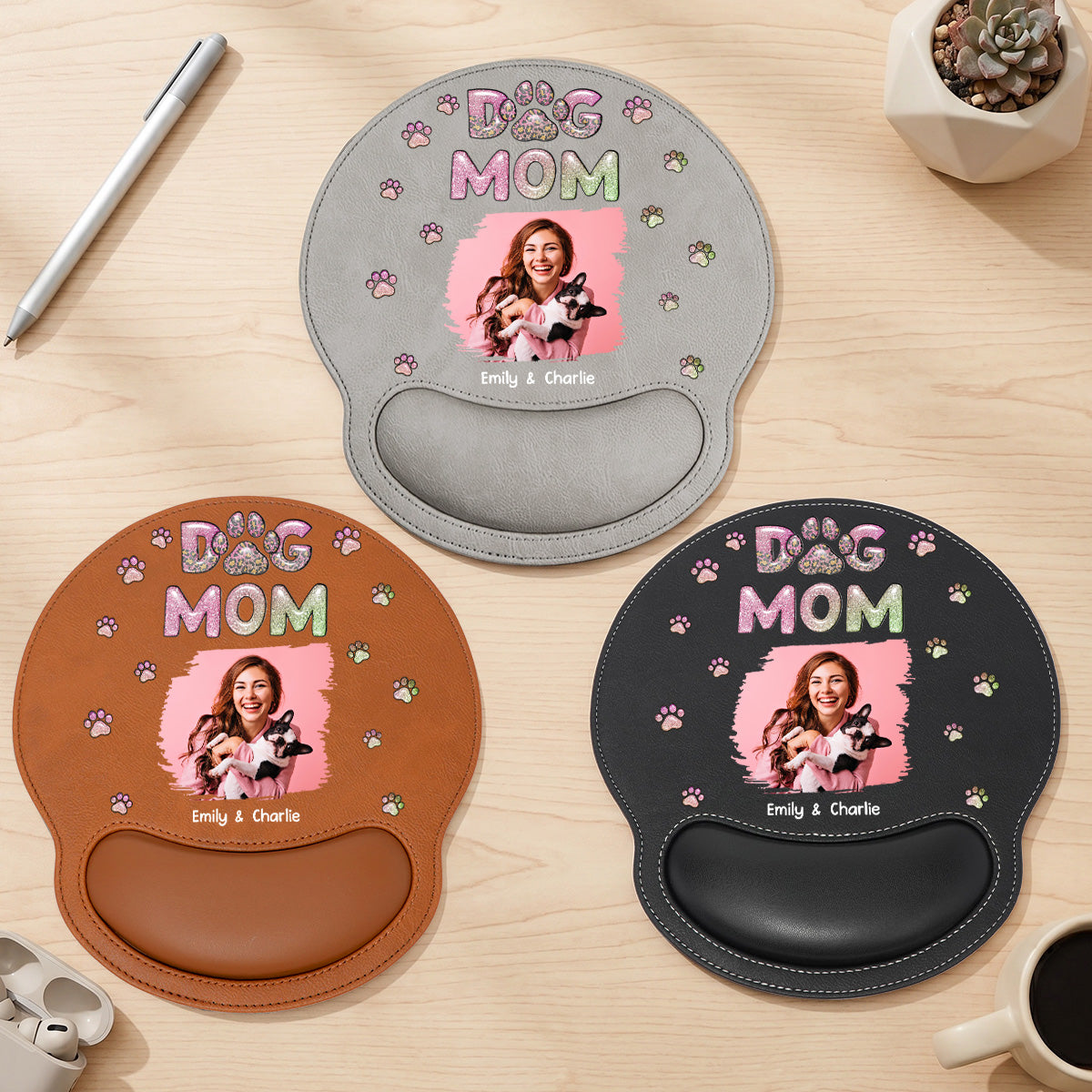 Dog Mom Lovely Chibi Photo - Personalized Leather Mouse Pad