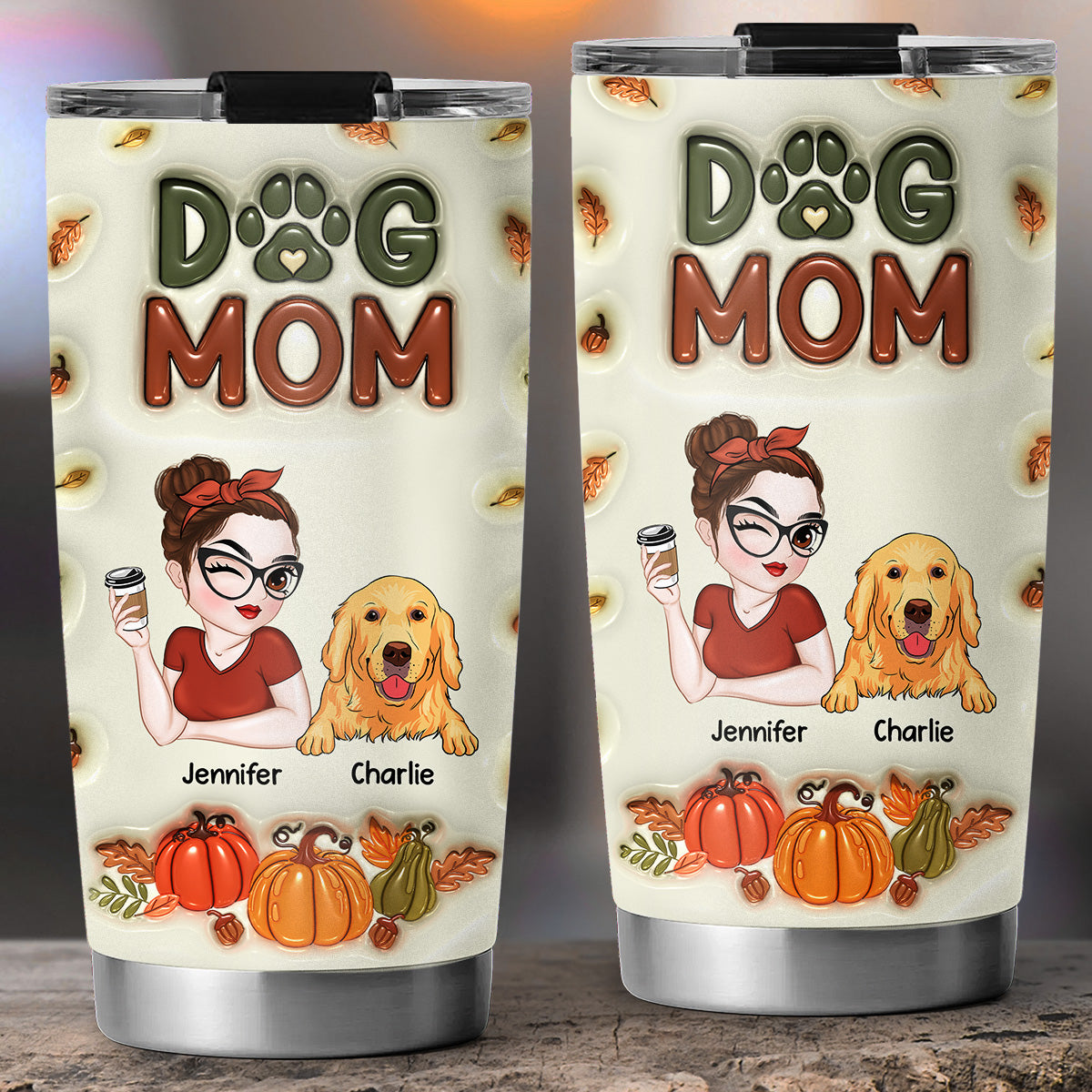 Custom Mother's day Birthday Gifts For Dog Mom, Dog Lovers • Dog Mom Autumn Version - Personalized 3D Inflated Effect Tumbler