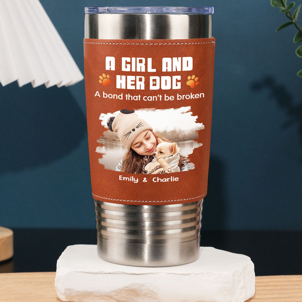 Custom Photo Christmas Birthday Gifts For Dog Lovers • Human And Their Dog Cartoon Christmas Photo - Personalized Leather Tumbler