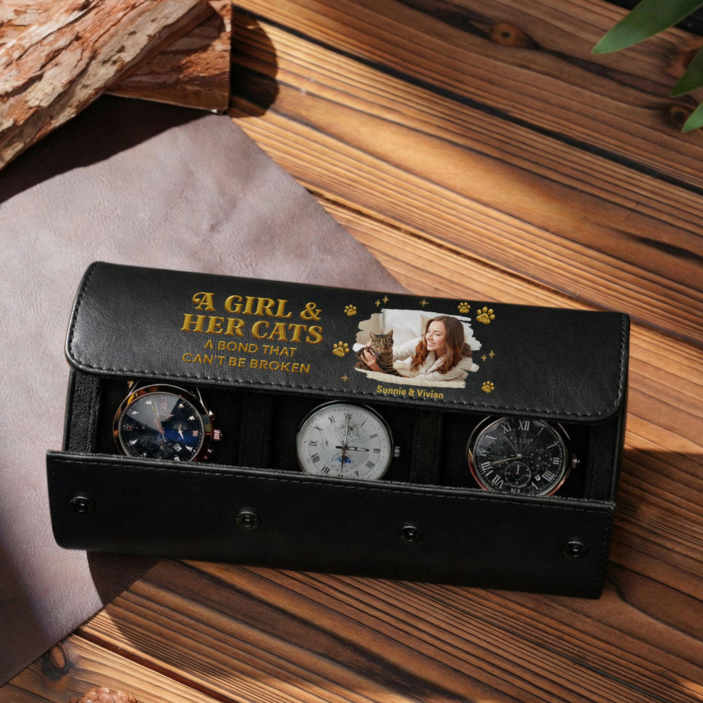A Girl And Her Cat Photo - Personalized Leather Watch Case