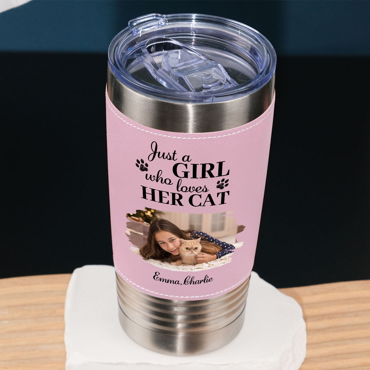 Custom Photo Christmas Birthday Gifts For Cat Mom, Cat Lovers • Pumskin Cat Autumn Photo - Personalized Pink Leather Tumbler