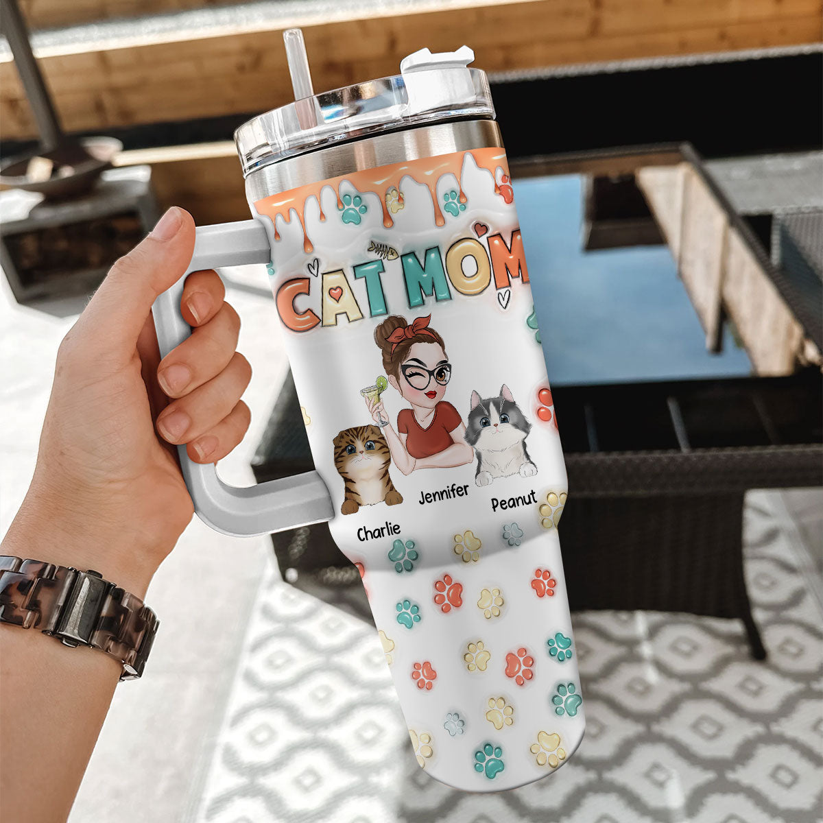 Custom Mother's day Birthday Gifts For Cat Mom, Cat Lovers • Mom Of Cats Ver 2 - Personalized 3D Inflated Effect Printed 40 Oz Tumbler