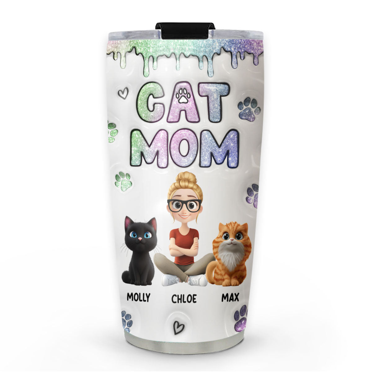 Custom Christmas Birthday Gifts For Cat Mom, Cat Lovers • Lovely Chibi Cat Mom - Personalized 3D Inflated Effect Tumbler