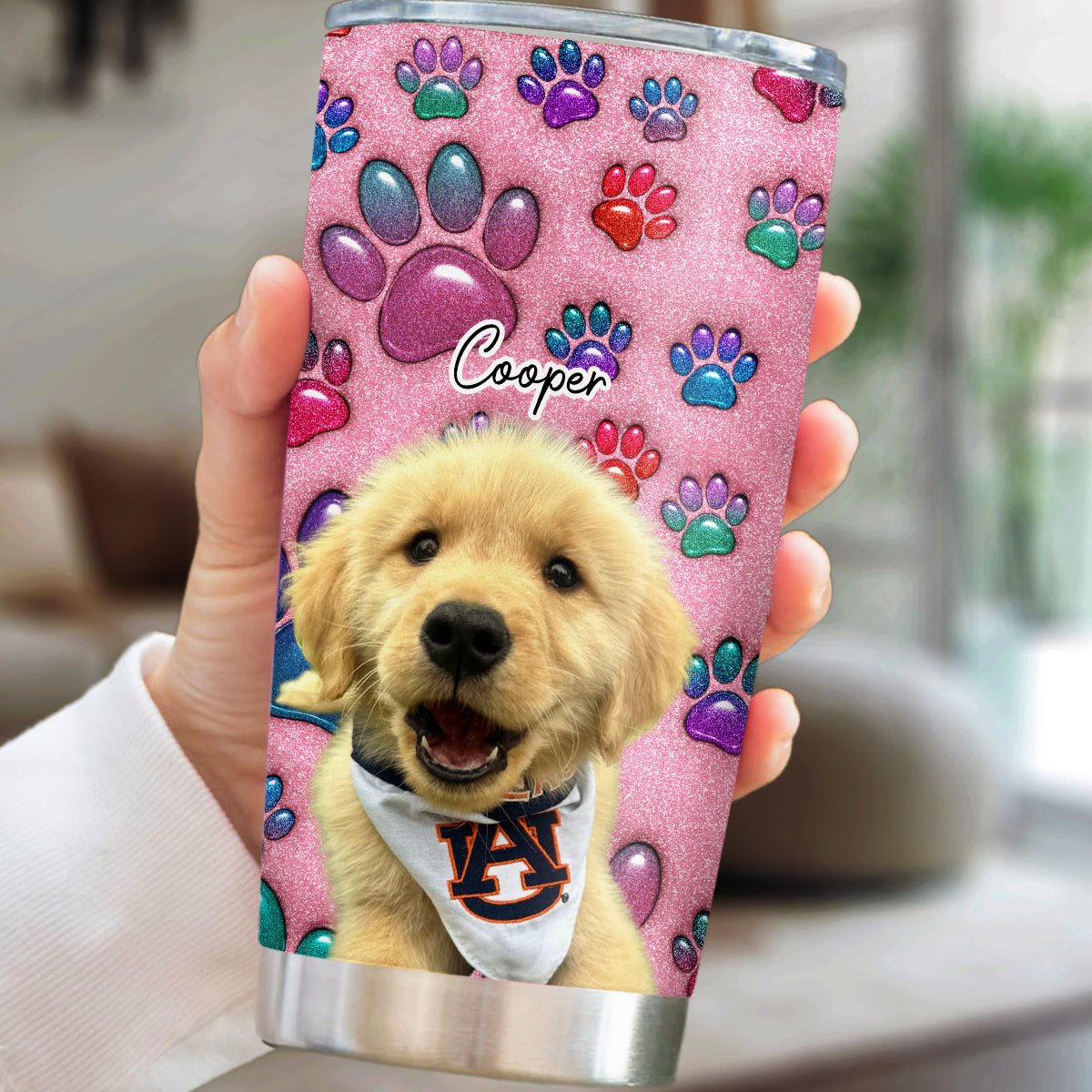 Custom Photo Christmas Birthday Gifts For Dog Mom, Dog Lovers • Glittery Paw Mom Photo - Personalized 3D Inflated Effect Tumbler